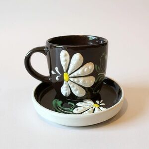 Floral Brown Coffee Cup and Saucer Set